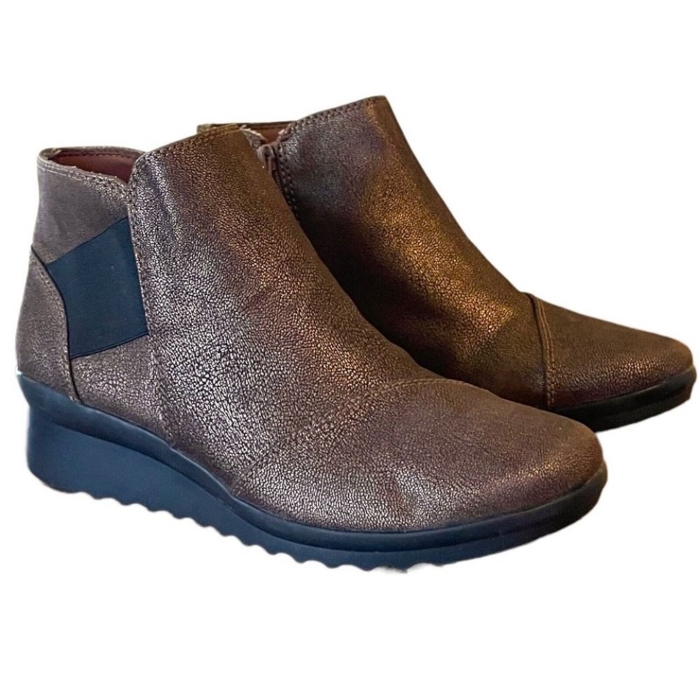 Clarks Super Comfy Wedge Booties with Subtle Metallic Sheen.